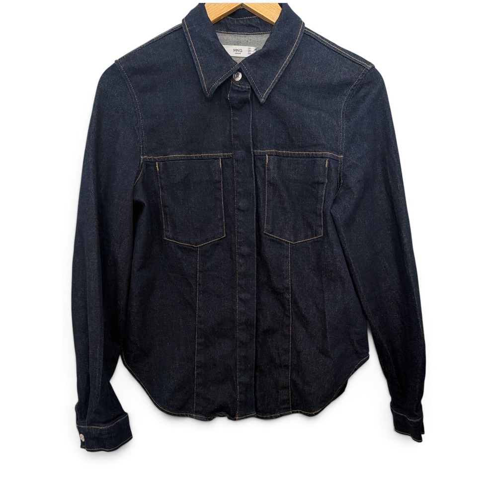 Mango MNG Denim Dark Wash Button Up Shirt Jacket Dark Blue Women Size L